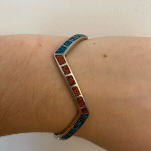 Vintage sterling turquoise and coral inlay cuff bracelet